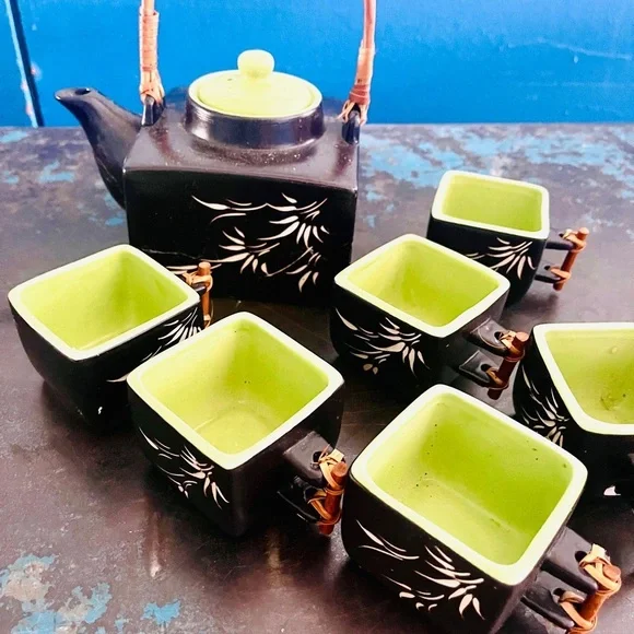 Asian Black Ceramic Tea Set from Vietnam – 7-Piece Set. Like new. - Picture 3 of 4